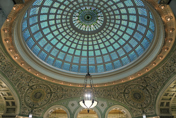 Chicago, Illinois, USA - June 22, 2018 - View of the interior and of the dome at the Chicago Cultural Center. © Jbyard