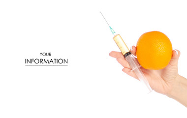 Syringe in the hands of orange pattern on a white background isolation