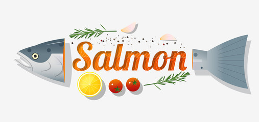 Word salmon design decorated with fresh raw salmon fish and spices on white background , vector , illustration