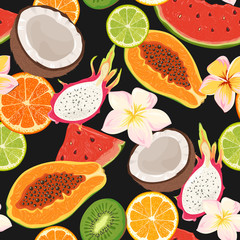 seamless pattern with exotic flowers and fruits 