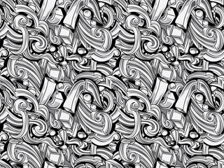 Black and white abstract graffiti curls seamless background