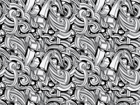Black and white abstract graffiti curls seamless background