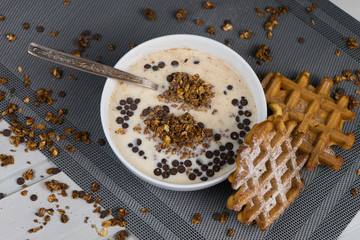 Breakfast - granola with soy milk and waffles