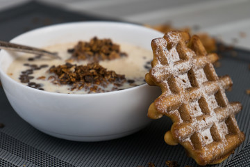 Breakfast - granola with soy milk and waffles