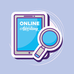 online advertising design with magnifying glass  and cellphone over blue  background, colorful design. vector illustration