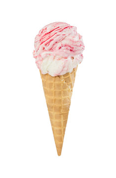 Strawberry-vanilla ice cream in waffle cone isolated on white