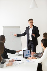 Confident Caucasian worker talking to business colleagues during board meeting, making presentation...