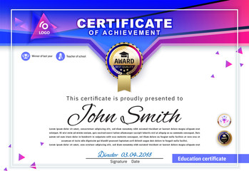 Official white certificate with blue triangles and education design elements, graduatioin cap, cup. Clean modern design.. Afstract background