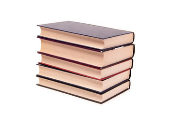 Stack of old paper books on a white background