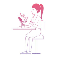 woman in the table drinking coffee with house plant vector illustration design