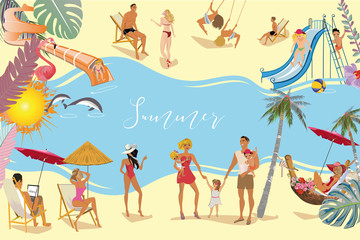 Series of summer backgrounds with blue sky and sea water, sun. People sunbathing on the beach. Hand drawn card illustration.