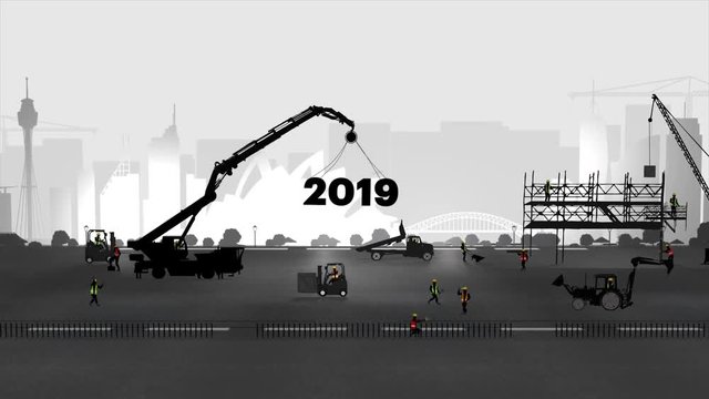 Animation of 2019 number under construction and Sydney skyline city in the background