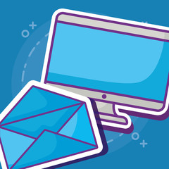 envelope and monitor computer icon over blue background, colorful design. vector illustration