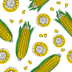 Yellow corncobs with green leaves seamless pattern. Ripe corn vegetables. Vector illustration.