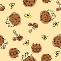Honey vector seamless pattern. Beekeeping product. Included bee, honey, dipper, honeycomb.