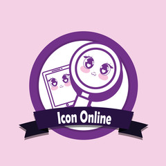 Icon online emblem with kawaii lupe and cellphone over pink background, colorful design. vector illustration