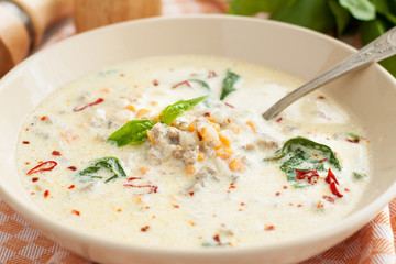Soup with sausages, spinach, vegetables and coconut milk