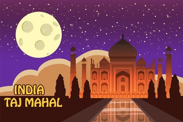 The Taj Mahal. White marble mausoleum on the south bank of the Yamuna river in the Indian city of Agra, Uttar Pradesh. Starry sky. Night. Vector illustration.