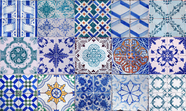 Collage von portugiesischen Fliesen in Blau, Wei&szlig; und Orange