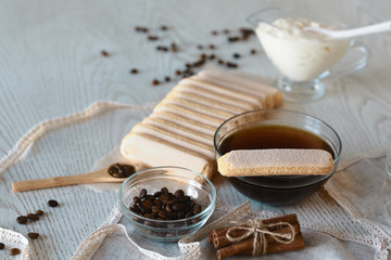 Tiramisu ingredients for preparing the cake. Cooking Tiramisu concept step by step