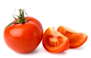 Ripe tomato and two slices on a white, isolated.