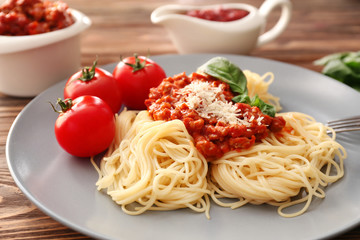 Delicious pasta with meat sauce on plate