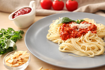 Delicious pasta with meat sauce on plate