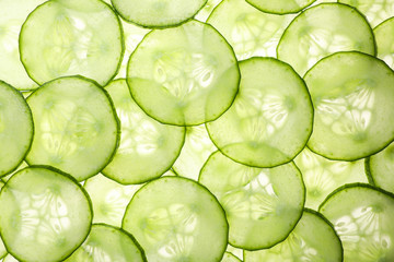 Slices of ripe cucumber as background, top view
