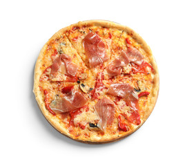 Tasty hot pizza with meat on white background