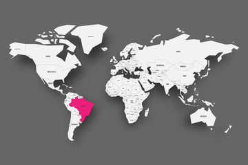 Fototapeta na wymiar Brazil pink highlighted in map of World. Light grey simplified map with dropped shadow on dark grey background. Vector illustration.