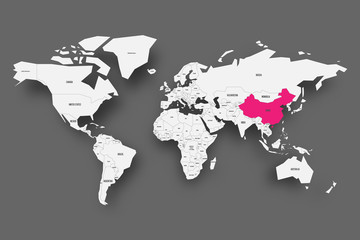 Fototapeta na wymiar China pink highlighted in map of World. Light grey simplified map with dropped shadow on dark grey background. Vector illustration.