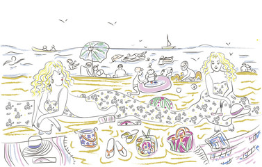 Happy young women relaxing on the beach by the sea/ Hand drawn beautiful design illustration vector EPS 8 