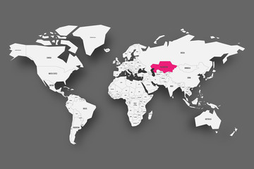 Fototapeta na wymiar Kazakhstan pink highlighted in map of World. Light grey simplified map with dropped shadow on dark grey background. Vector illustration.