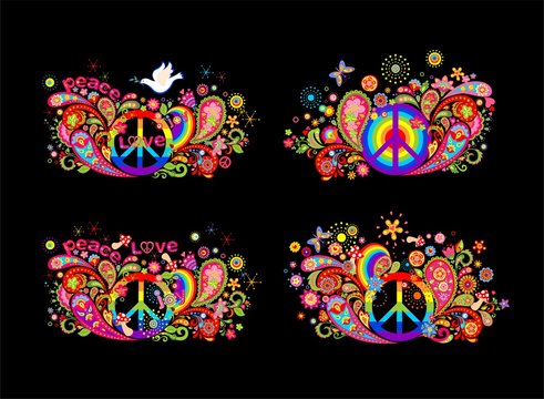 Colorful t shirt prints collection with hippie peace symbol, flying dove with olive branch, abstract flowers, mushrooms, paisley and rainbow on black background