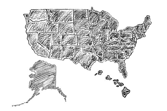 Hand drawn map of United States of America (USA) painted with charcoal pencil. Black and white vector illustration isolated on white background.