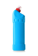 Bottle with detergent on white background. Cleaning supplies
