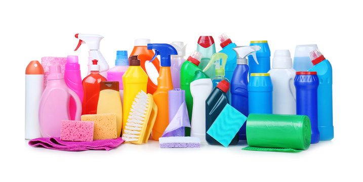 Different cleaning supplies on white background