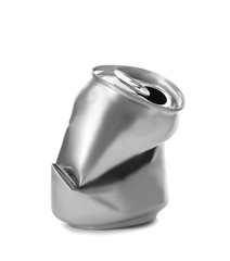 Empty crumpled aluminum can on white background. Metal waste recycling