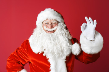 Portrait of authentic Santa Claus on color background