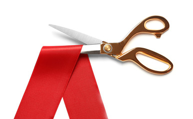 Ribbon and scissors on white background, top view. Ceremonial red tape cutting