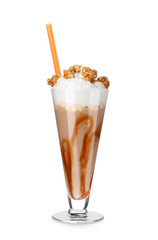 Glass with delicious milk shake on white background