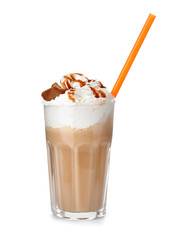 Glass with delicious milk shake on white background