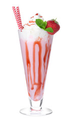 Glass with delicious milk shake on white background