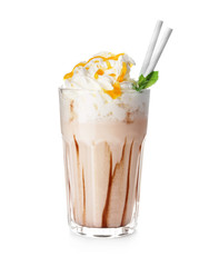 Glass with delicious milk shake on white background