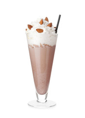 Glass with delicious milk shake on white background