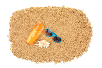 Fototapeta na wymiar Composition with beach objects on white background, top view