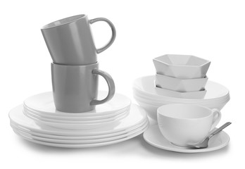 Different clean tableware on white background