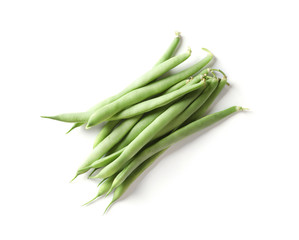 Pile of fresh green beans on white background