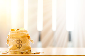 Coin in the money bag with growing for savings put on the desk in the home office, Business investment and saving growth concept.