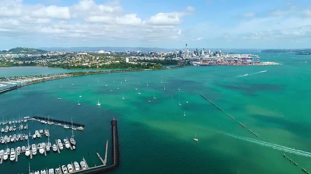 View from the drone to Auckland and the Pacific Ocean. Shevelev.